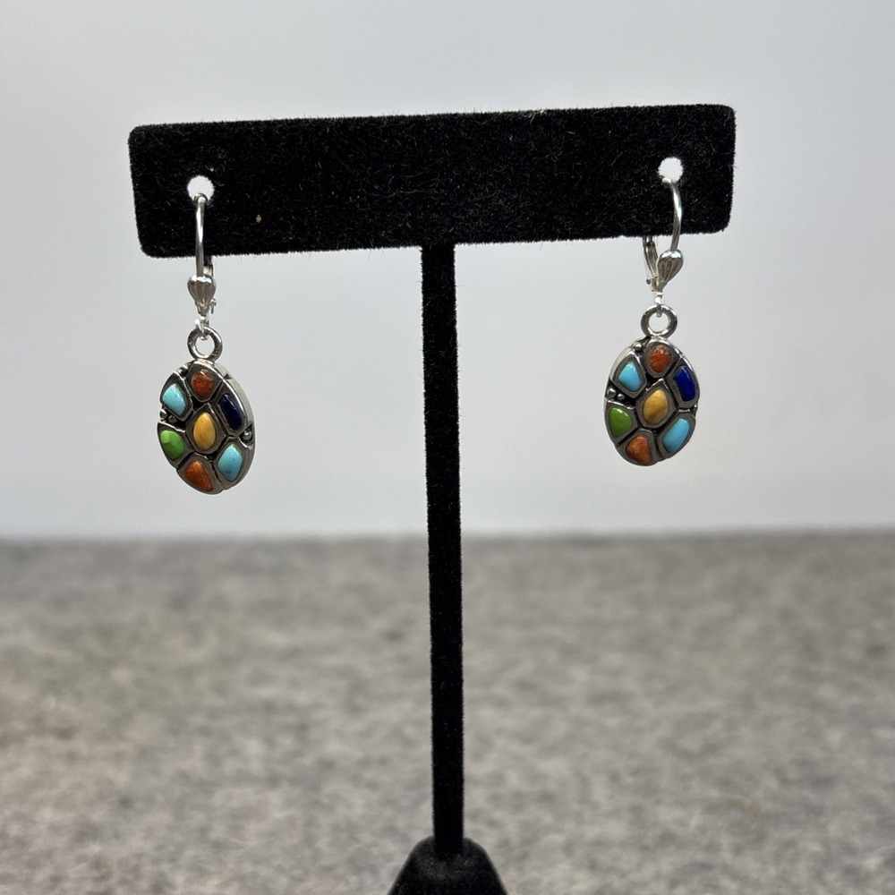 BARSE 925 Thailand Sterling Silver Multicolor Mosaic Dangle Earrings